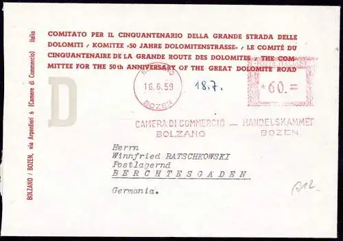 600183 | Grande Strada delle Dolomiti, 50 Jahre Dolomitenstrasse, Brief der Handelskammer Bozen, Alto Adige  | Bozen