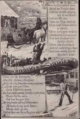 600256 | Postkutsche "Der Vaduzer Sauser" Künstlerkarte signiert Hartmann, Vaduz  | Triesen,