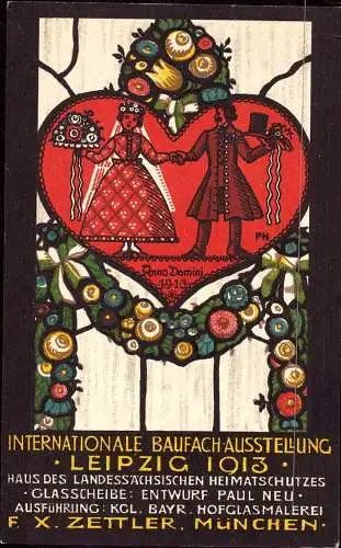 600285 | Werbekarte der Firma F, X. Zettler auf der Baufach Ausstellung Bleiverglas sign. Paul Neu | MünchenLeipzig