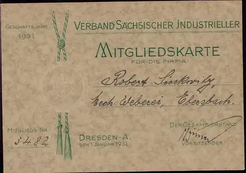 600292 | Dokument, Mitgliedskarte des Verband Sächsischer Industrieller 1931  | Dresden (O - 8010), -,