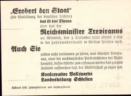 600296 | Werbung der Konservativen Volkspartei, Schlesien, zum Wahlkampf 1930, Treviranus | Breslau