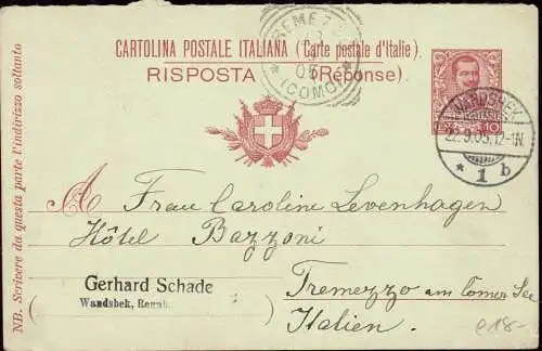 600325 | Antwortkarte der Italien Ganzsache zurück nach Tremezzo am Comer See | Wandsbek (W 2000)
