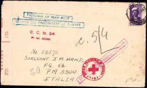 600339 | Kriegsgefangenenpost, POW aus Südafrika durch das Rote Kreuz Zensur, an Militäradresse in Italien  | -, -,