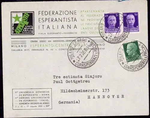 600491 |Italien, Esperanto, 1935, Brief der Federazione Esperantista Italiana | Milano