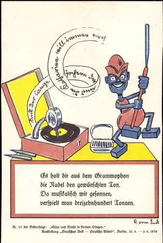 600511 | Stahl überall, Werbekarte der Stahlberatungsstelle, Roboter, Grammophon, sign R. von Euch | Düsseldorf (W 4000)