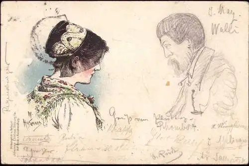 600627 | Plättig, Posthilfsstelle, Rückseitig auf Trachten Karte Baden von W. Hasemann  | Bühl (W - 7580), -,