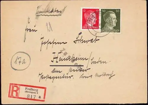 600664 | 31.3,45 Brief an ausgelagerte Postagentur Kreis Marbach in Heinsheim / Baden, Zurück  | Freiburg, Bad Rappenau