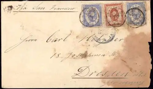 600668 | Brief 3 Farben Frankatur Japan 1890 aus Kobe über Yokohama nach Dresden, Erh 4-5, Fleckig  |