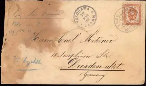 600670 | Brief Japan 1892 aus Kobe über Yokohama nach Dresden, Erh 4-5, Fleckig  | -, -,