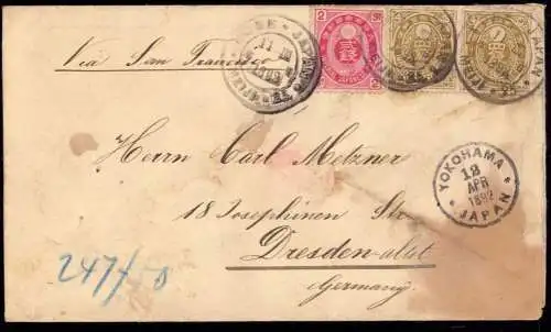 600671 | Brief Japan 1892 aus Kobe über Yokohama nach Dresden, Erh 4-5, Fleckig  | -, -,