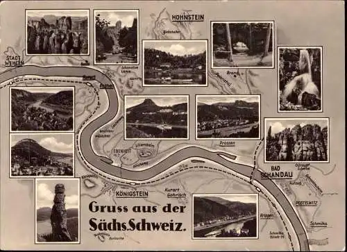 600680 | Privatganzsache DDR, Landkarte Sächsische Schweiz, Elbe | Bad Schandau (O 8320), Königstein (O 8305)