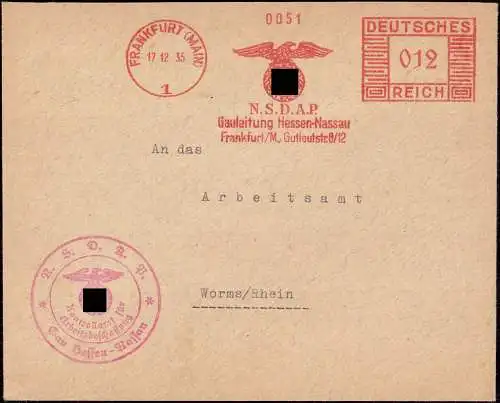600683 | Brief NSDAP Gauleitung Hessen Nassau, Kontrollamt für Arbeitsbeschaffung, RAD | Frankfurt (W 6000)