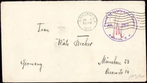 600685 | Canada, POW, Kriegsgefangenenpost aus dem Civil Internierten Lager Amherst, Noa Scotia, 1917, Zensur, Censored