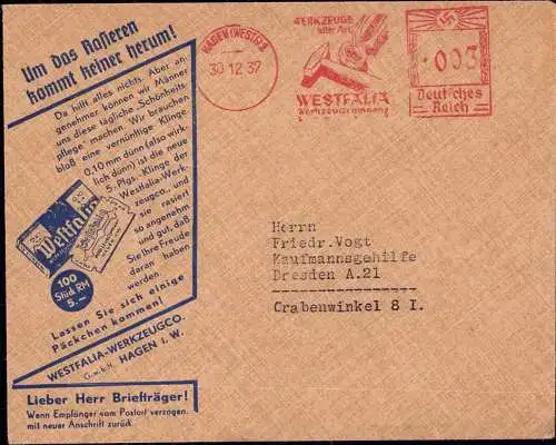 600686 | Dekorative Drucksache mit Freistempel der Westfalia Werkzeugcompany, Friseur, Bart,  | Hagen (W - 5800), -,