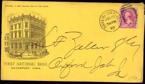 600792 | USA, illustrated envelope of the First National Bank of Davenport, Iowa  |