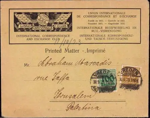 600922 | Ansichtskarten sammeln, dekorativer Brief Libre Cartophilie Club (L.C.C.) nach Jerusalem, Inflation | Vreden