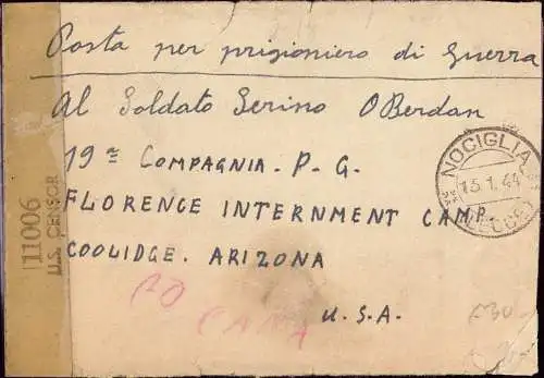 601019 | Kriegsgefangenenpost POW, Zensur aus Nociglia, Lecce, Puglia nach POW Camp Florence, Arizona, USA  | -, -,