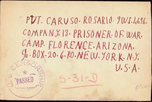 601022 | Kriegsgefangenenpost POW, Zensur aus Viagrande, Catania, Sicilia nach POW Camp Florence, Arizona, USA  | -, -,