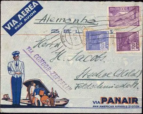 601070 | Bahia, Brasilien, dekorativer Luftpostbrief via Condor, Zeppelin und Panair nach Deutschland  | Itzehoe (W - 22