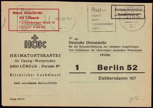 601224 | Kriegsgefangenenpost POW, Zivilinternierten, Gebührenfrei, WAST,Heimatortsdatei für Westpreussen  | Danzig (Dan