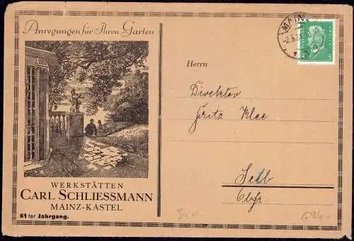 601229 | Gartenbau, Brief mit Werbung für die Firma Carl Schliessmann in Kastel  | Mainz (W - 6500), -,