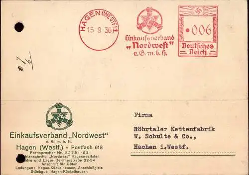 601275 | Postkarte mit sauberen Freistempel des Einkaufsverband "Nordwest" Kaufhaus, Laden, Waage | Hagen (W 5800)