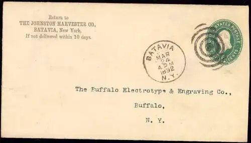 601277 | Ganzsache USA "The Johnston Harvester Co" Batavia, New York  | -, -,