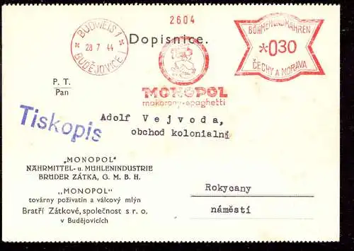 601310 | Besetzung Böhmen und Mähren, Freistempel der Nudelfabrik Monopol, Budweis,.Budejovice, Makaroni, Spaghetti  |