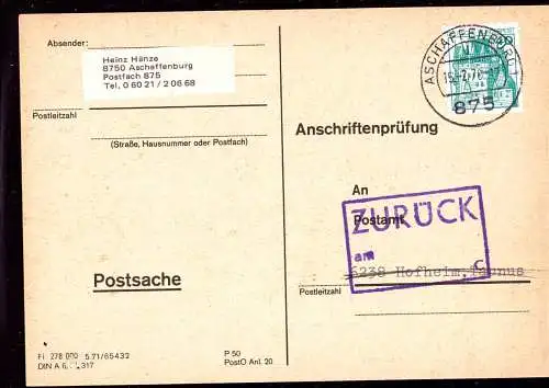 601313 | seltene Anschriftenprüfung,Burg Eltz  | Aschaffenburg (W - 8750), Hofheim (W - 6238),
