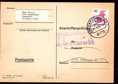 601314 | seltene Anschriftenprüfung,Elektrik, Energie  | Aschaffenburg (W - 8750), Hamburg (W - 2100),