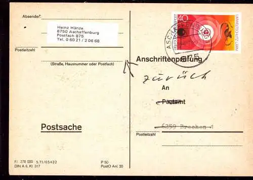601316 | seltene Anschriftenprüfung, Umwelt, hören, Lärm  | Aschaffenburg (W - 8750), Brechen (W - 6259),