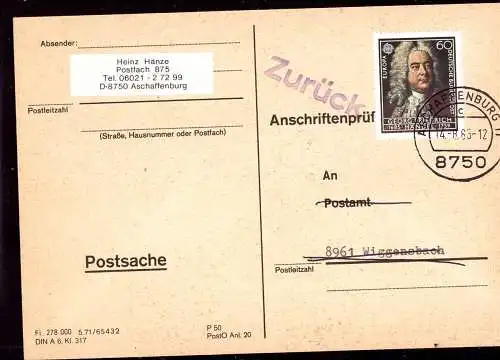 601317 | seltene Anschriftenprüfung, Musik, Georg Friedrich Haendel, Händel  | Aschaffenburg (W - 8750), Wiggensbach (W