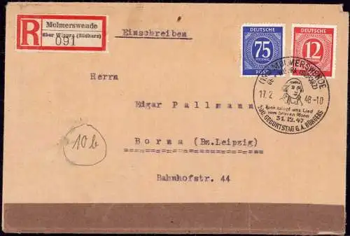601346 | Einschreiben Sonderstempel Gottfried August Bürger, Literatur, Dichter, Münchhausen  | Molmerswende, Wippra