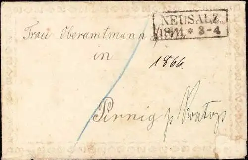 601351 | Schlesien, Zierbrief, unfankiert mit Nachporto, Erh. 3-4 beschädigt | Neusalz (Oder), Stadt (Freystadt) Pirnig