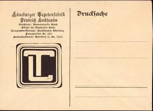 601352 | Vertreterkarte, dekoratives Firmenlogo der Lüneburger Tapetenfabrik Friedrich Enckhausen  | Lüneburg (W - 2120)