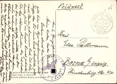 601353 | Busch - Schumann Karte mit Lagerstempel, Feldpost von dem Truppenübungsplatz  | Zeithain (O - 8406), Riesa 1 (O