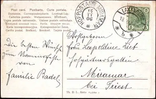 601355 | Österreich, Karte mit dem Ankunftstempel des Hofpostamt Miramar, Schloss, Gartenbau, Adel  | Trieste, -,