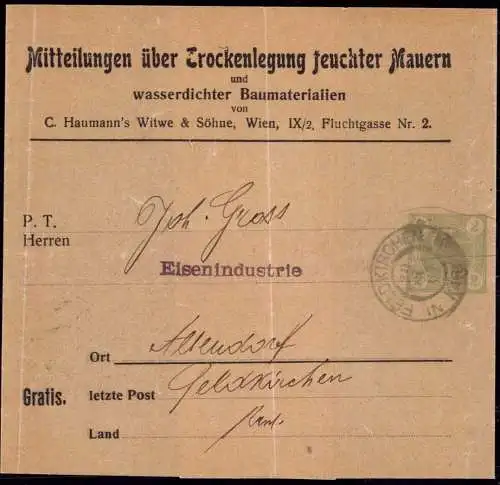 601367 | Privatganzsache Mitteilungen über Trockenlegung feuchter Mauern, Wasser, Bauarbeit  | Wien (A - 1010 Österreich