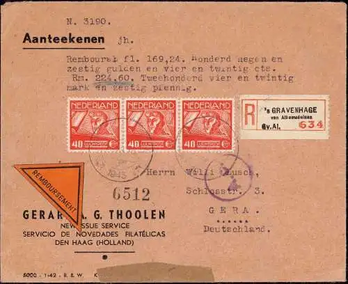 601371 | dekorativer Brief per Einschreiben, Nachnahme, mit einem 3er Streifen der 40 Cent Luftpost `s Gravenhage  | -,