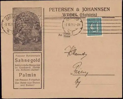 601373 | Butter Margarine Fett, Brief mit Werbung, Palmin, Sahnegold der Firma Petersen & Johannsen, Nahrung  | Wedel (W