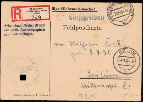 601386 | Dienstbrief, Feldpost, Einschreiben, Aufforderung zur Musterung  | Hanerau-Hademarschen (W - 2215), -,