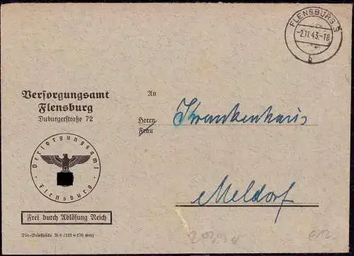 601390 | Dienstbrief, Frei durch Ablösung vom Versorgungsamt  | Flensburg (W - 2390), -,