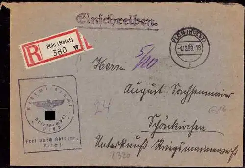 601391 | Dienstbrief, Frei durch Ablösung per Einschreiben vom Wehrmeldeamt  | Plön (W - 2320), -,