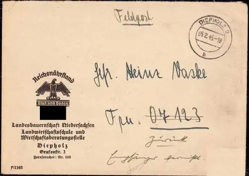 601394 | Feldpost an Nr. 07123 Jäger-Regiment 207, Reichsnährstand, Zurück Empfänger vermisst,Landwirtschaft | Diepholz