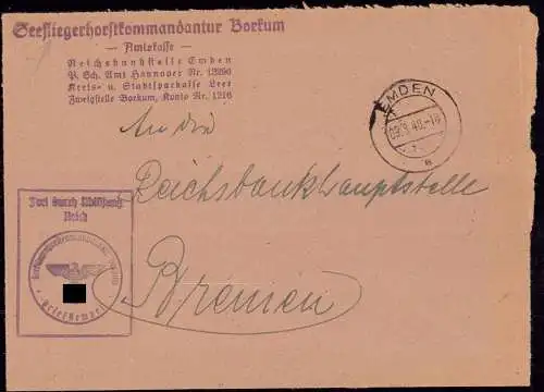 601407 | Dienstbrief der Seefliegerhorstkommandantur | Borkum (W 2972), Emden (W 2970)