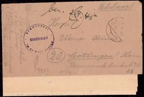601408 | 2.4.1945, Feldpostbrief mit Briefstempel Kommandant im Abschnitt  | Borkum (W - 2972), -,
