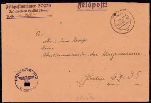 601409 | Feldpost Nr. 30933,  Stab Marine-Flak-Abteilung 282  | Hooksiel (W - 2949), Jever (W - 2942),