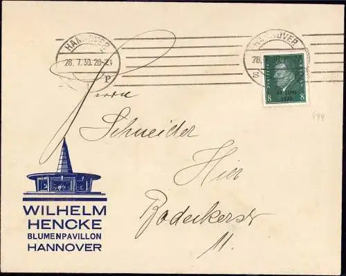 601410 | Brief mit Abbildung des Blumenpavillon Wilhelm Hencke, Architektur, Werbung,  | Hannover (W - 3000), -,