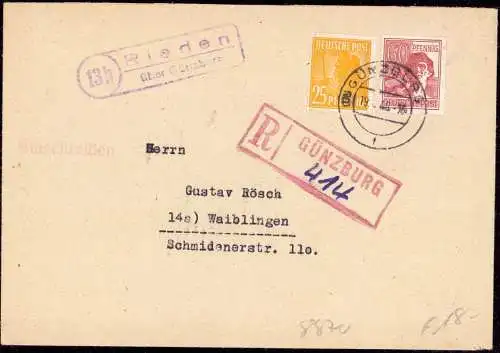601411 | Brief mit provisorischen Einschreibstempel und Landpoststempel Rieden  | Günzburg (W - 8870), -,