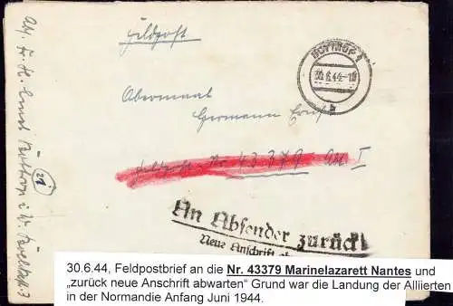 601470 | Feldpost mit Inhalt, 1944 "an Absender Zurück"  FP Nr. 43379 Marinelazarett | Nantes;Loire-Atlantique